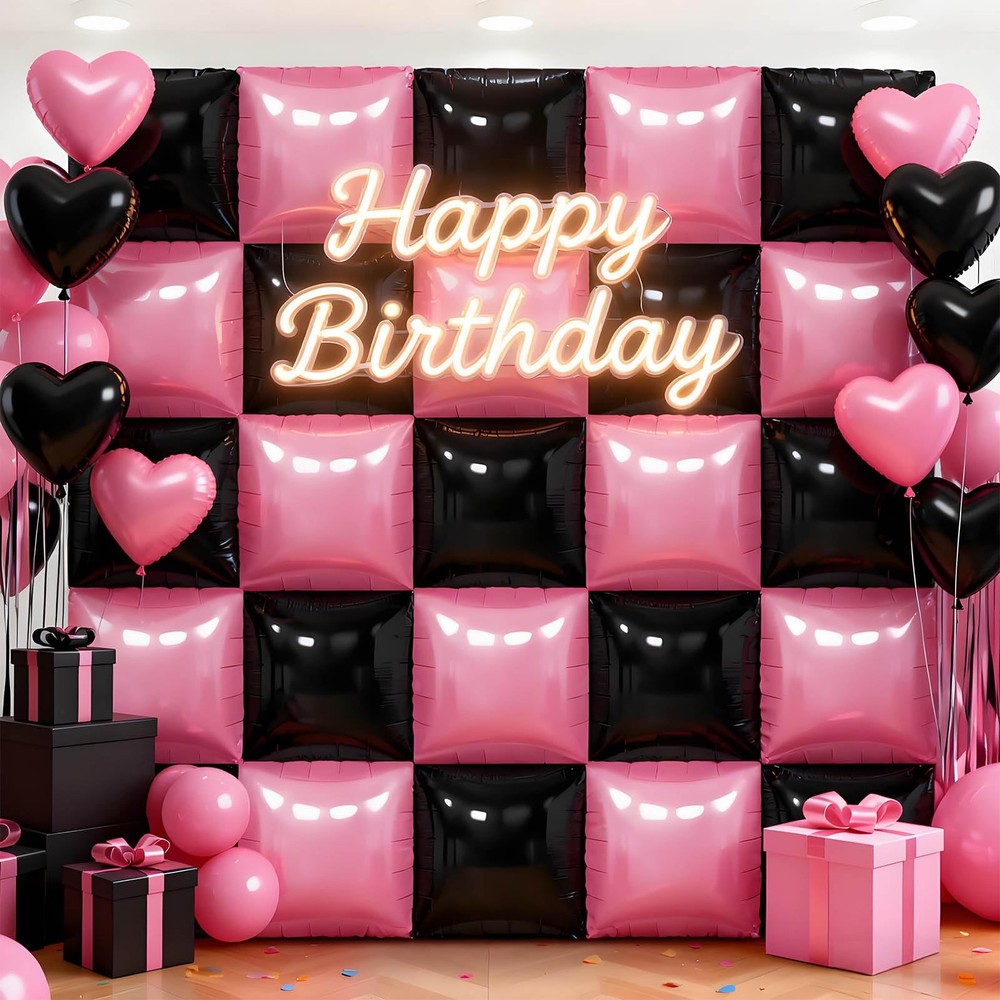 50Pcs Pink and Black Square Foil Balloons Wall Backdrop, Double Sided Metalli…