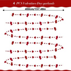 52FT Valentines Day Party Decoration Red Heart Garland Metallic Glitter Hanging