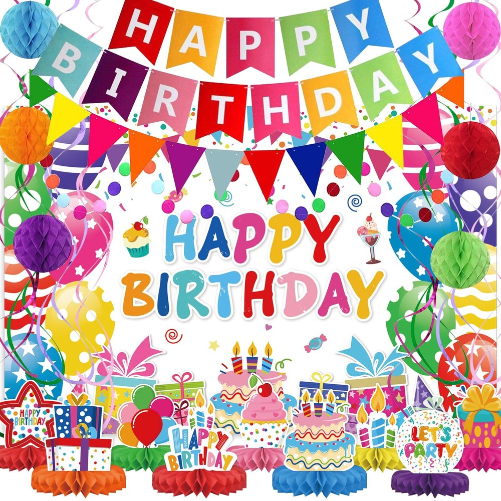 Birthday Decorations Kit Birthday Party Banner Honeycomb Balls Metallic Hanging