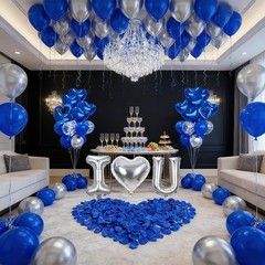 Globos De Corazones Azules y Plateados Para Cumpleaños Hombre Con 600 Pétalos