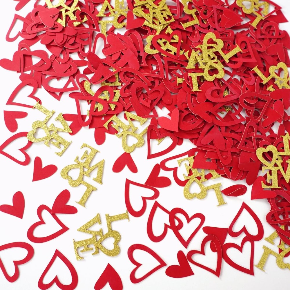 200 Pcs Heart and Love Decorations, Red and Gold Glitter Letter Confetti, Bed…