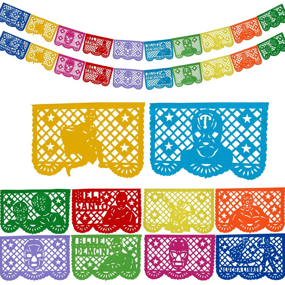 Lucha Libre Party Decorations – PLASTIC Papel Picado Banners (2 pack, 10 flag…