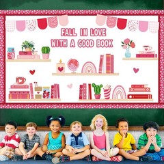 70 PCS Valentines Day Reading Bulletin Board Set Bookshelf Heart Borders