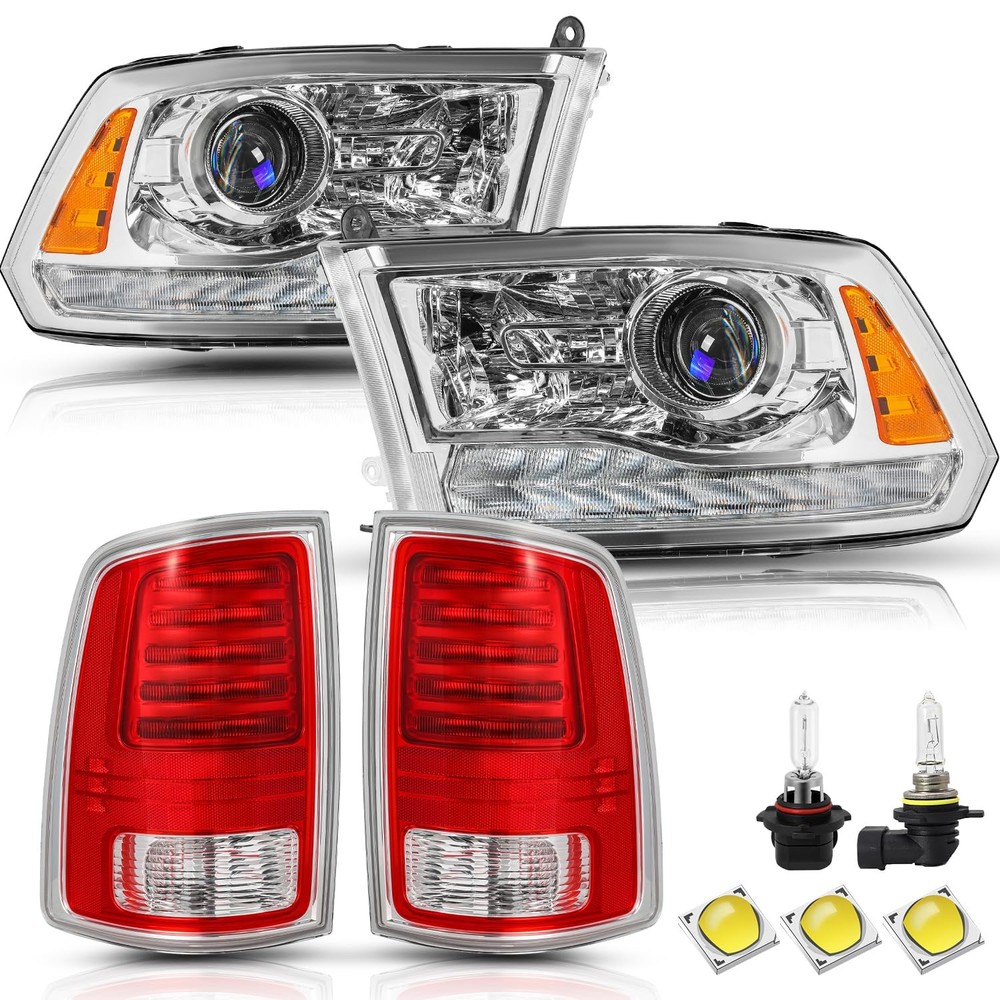 LED Tail & Halogen Headlights Set 13-18 1500 2500 3500 Chrome Amber Reflector