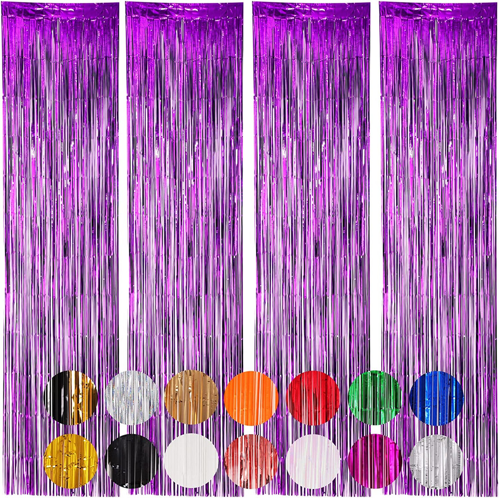 Voircoloria 4 Pack Purple Foil Fringe Backdrop Curtains, Tinsel Streamers