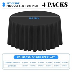 Teruntrue 4 Packs Round Tablecloths 108 Inches Black Polyester Fabric Circula…