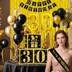 30th Birthday Decorations for Men Women, 50pcs Black and Gold Party Decoratio…