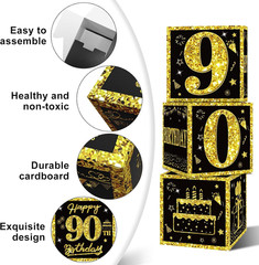 Eiurteao 3Pcs 90Th Birthday Decorations Boxes for Men Women, Black Gold Happy 90