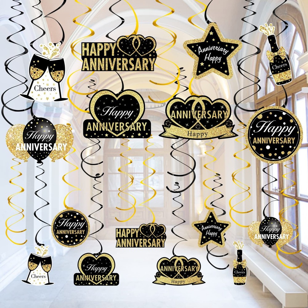 16 PCS Black Gold Happy Wedding Anniversary Hanging Swirls 30th60th Decor