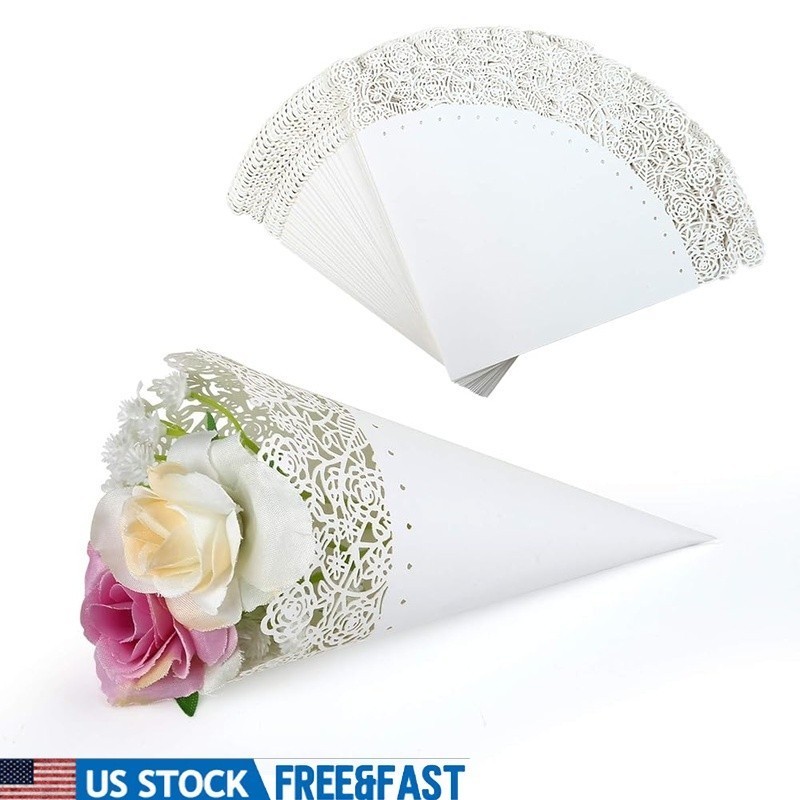 White Lace Paper Doilies Fan Shaped Confetti Cones Wedding Baby Shower Parties