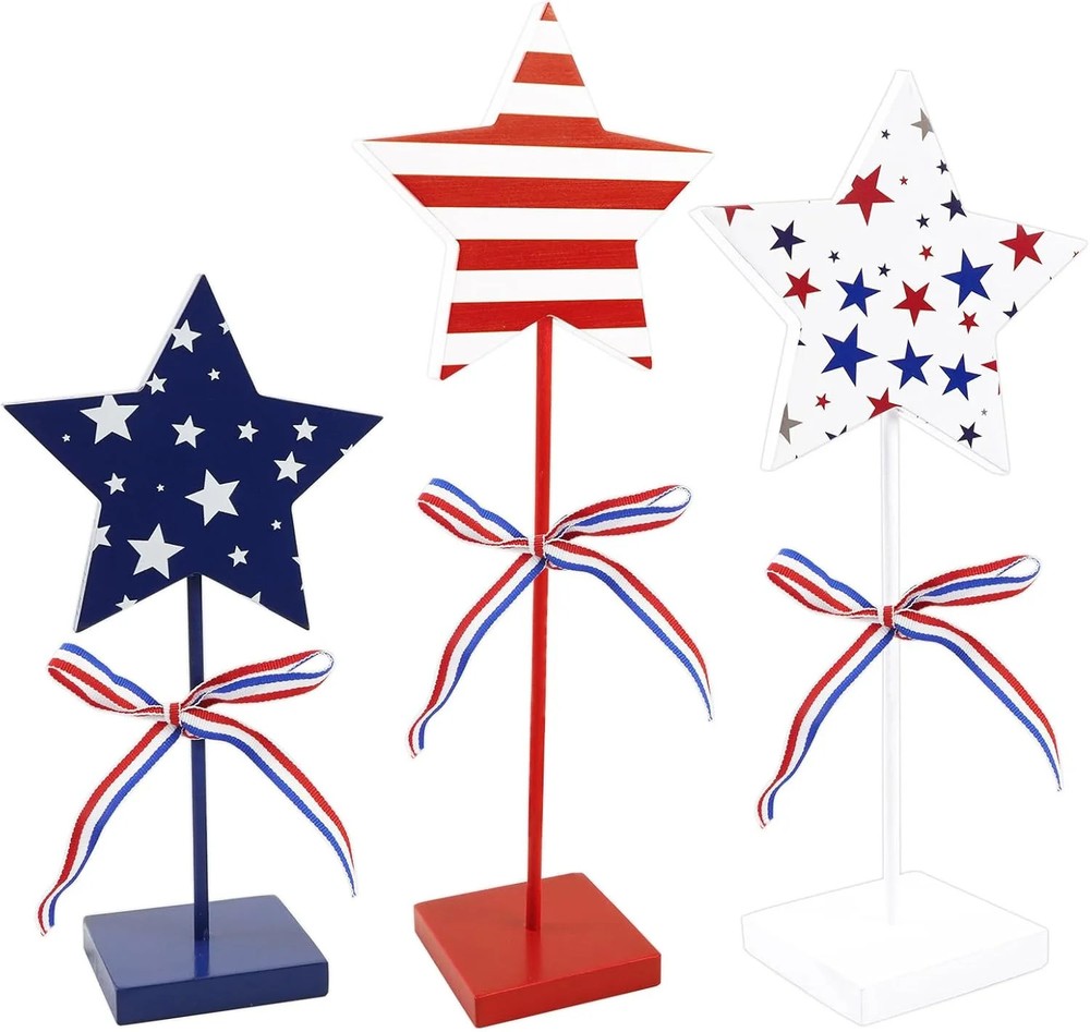3 Pcs 4th of July Table Decorations, Wooden Patriotic Centerpieces Decor Double