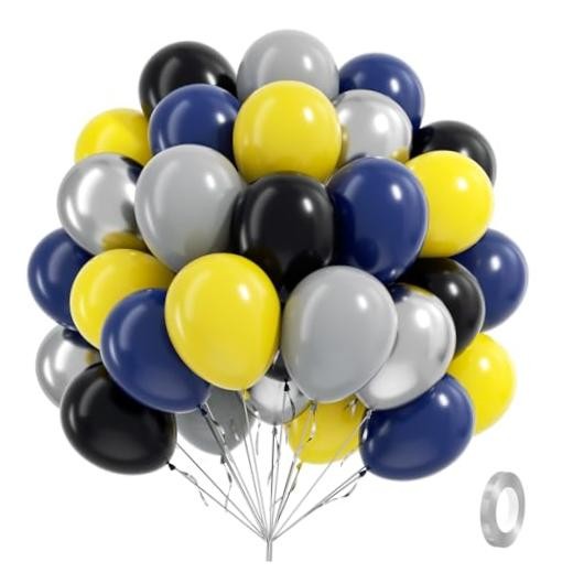60pcs Black and Yellow Balloons 12inch with Navy Gray Metallic Blue Yellow