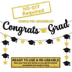 2026 Graduation Decorations – Glitter Black & Gold Congrats Grad Banner 10ft | C