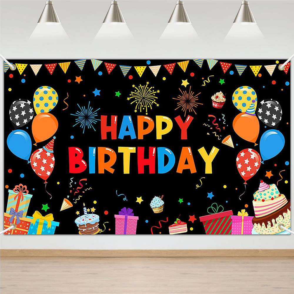 Colorful Happy Birthday Banner Rainbow Backdrop for Indoor Outdoor Party Decorat