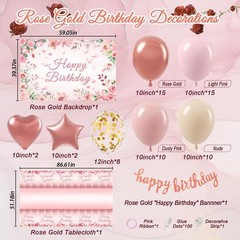Rose Gold Birthday Decorations Set – 15 Balloons, Tablecloth, Backdrop, Banner