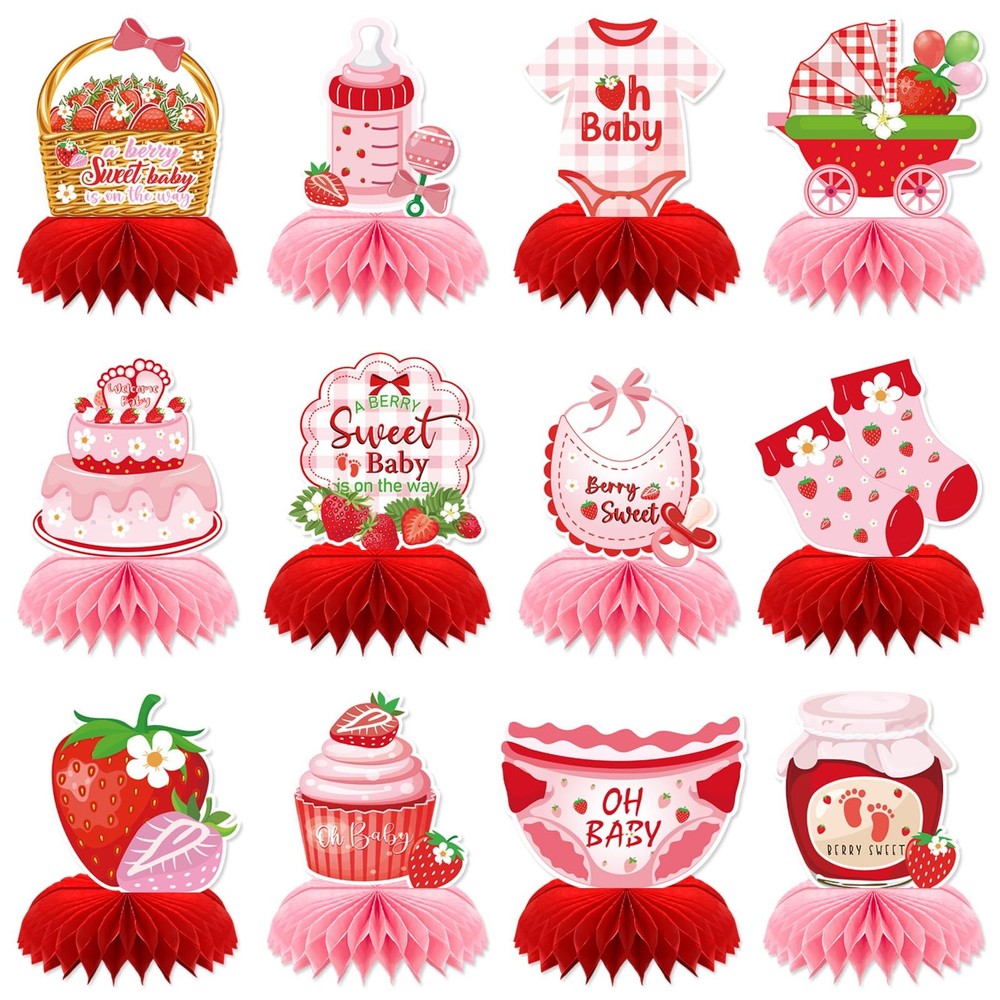 12 PCS Strawberry Baby Shower Honeycomb Centerpieces «Berry Sweet» Table Decor