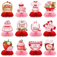 12 PCS Strawberry Baby Shower Honeycomb Centerpieces «Berry Sweet» Table Decor
