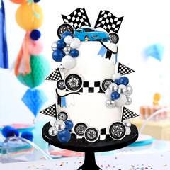 42Pcs Black Blue Race Car Balls Cake Decorations Check Flag with Multicolor B…