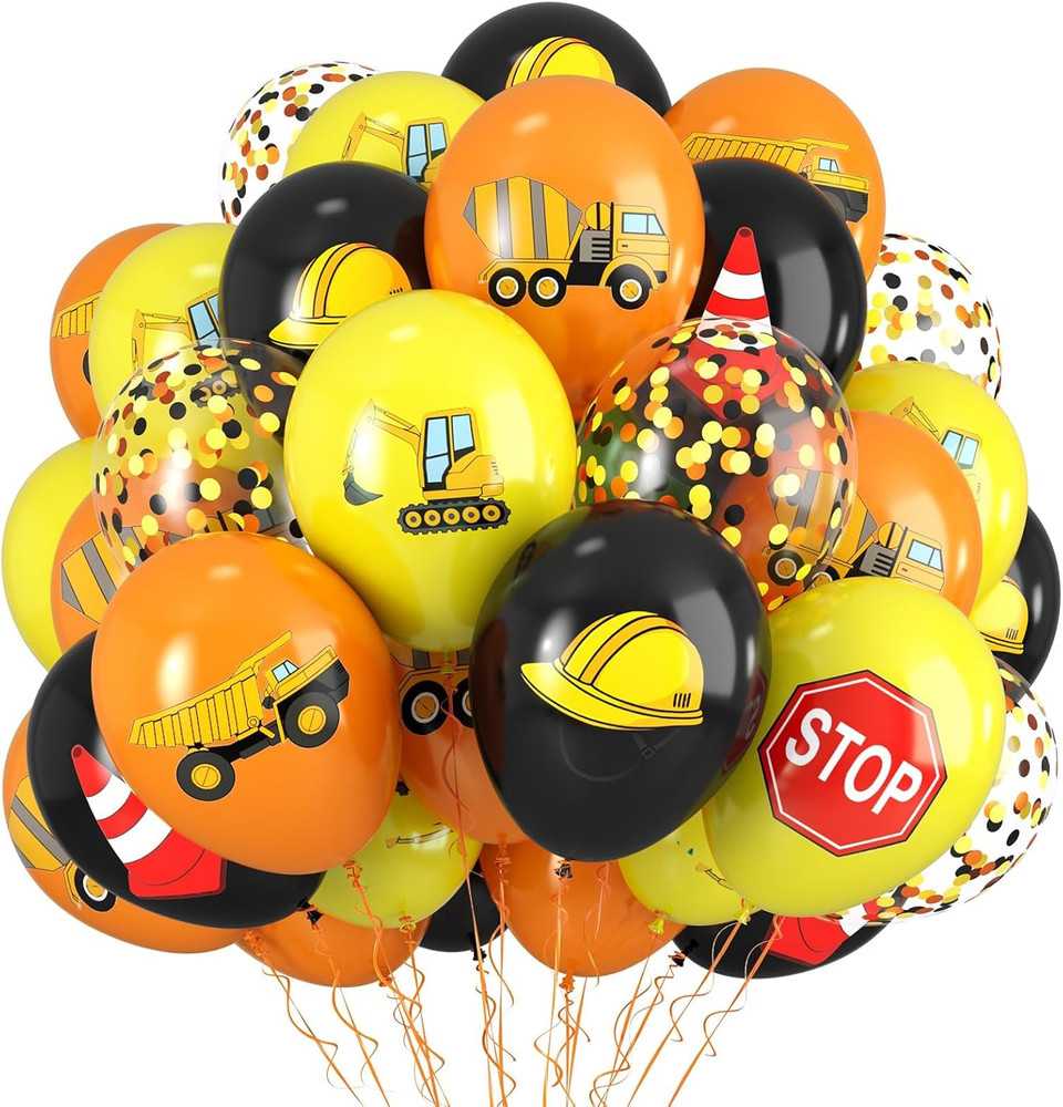 Construction Balloons, 12 Inch Black Yellow Orange Confetti Truck Construction P