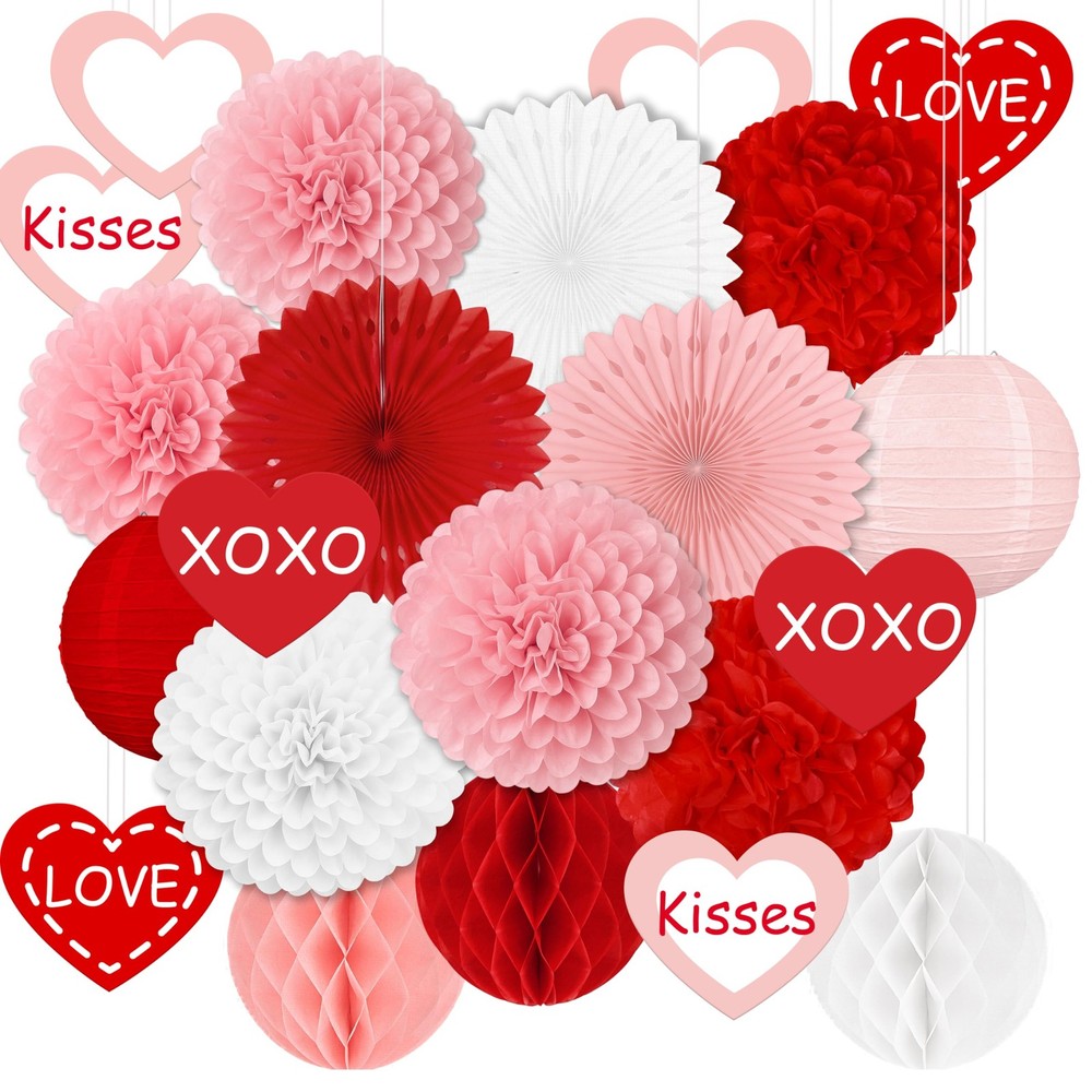 Red Pink Valentine Party Decoration Paper Fan Honeycomb Tissue Pom 22 PCS