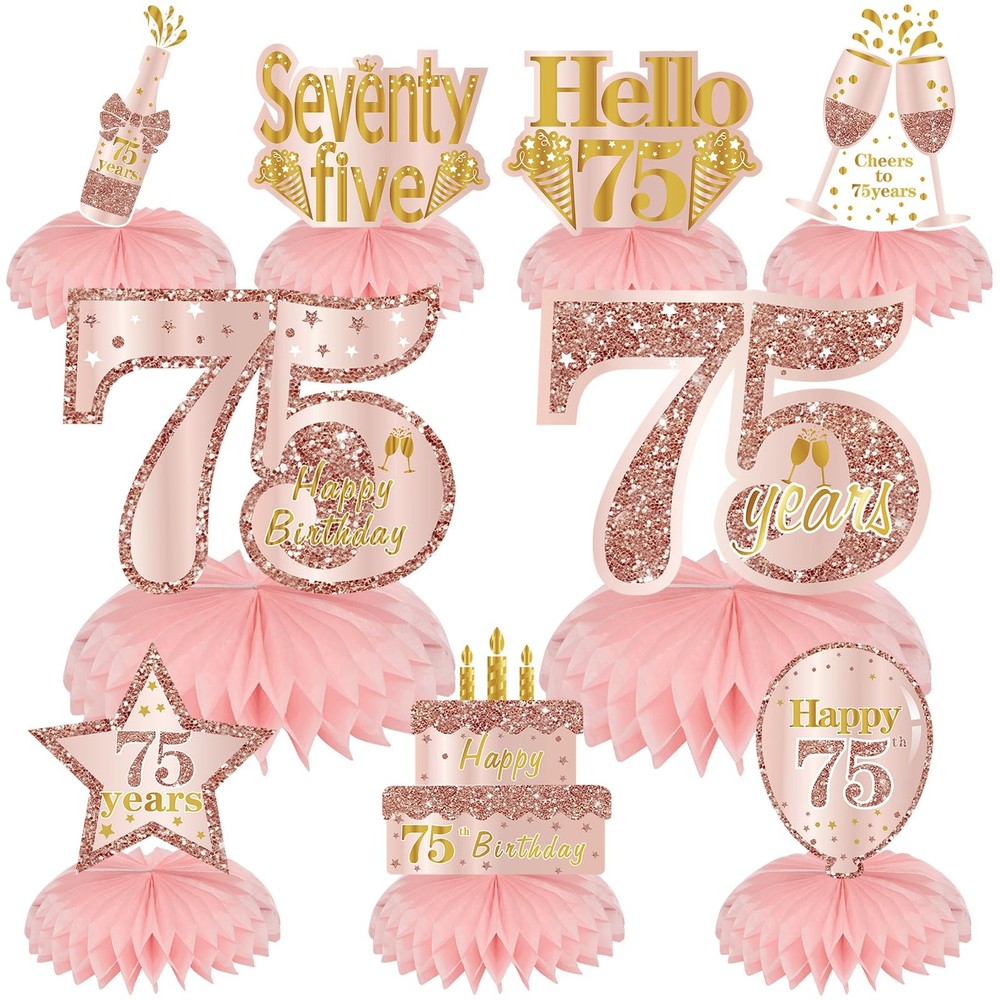 75th Birthday Honeycomb Centerpieces Rose Gold Table Toppers 9 PCS Decor Set