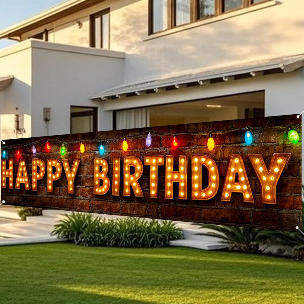 Happy Birthday Yard Banner – 78.7X17.7 Inch Brick Wall with Colorful String Ligh