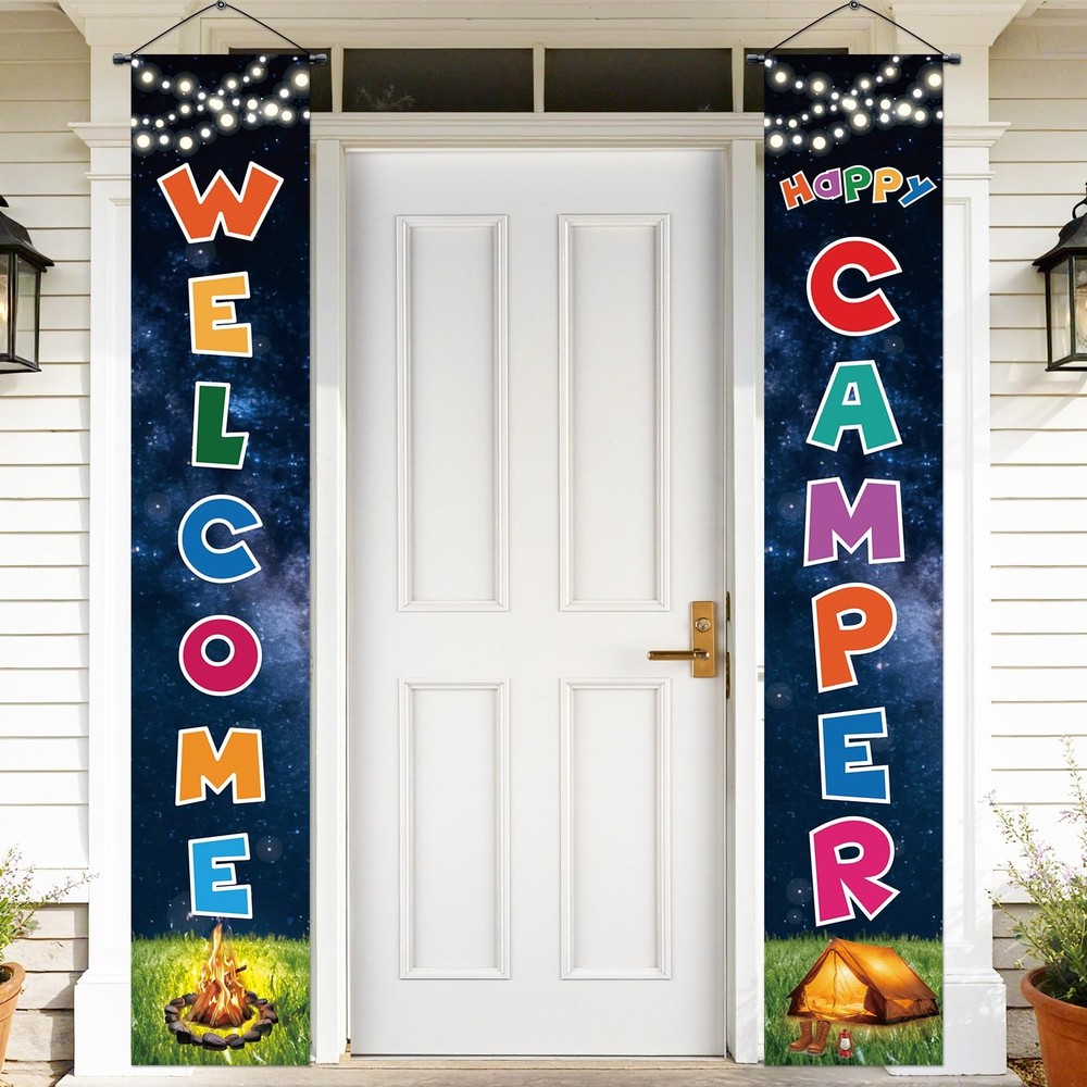 Camping Door Banner Decorations for Kids Adult Happy Camper Porch Sign Welcom…