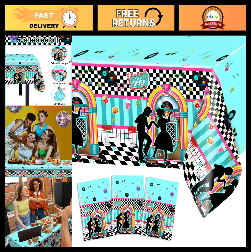 3 Pack 50s Tablecloths – Vintage Rock & Roll Party Decorations, 108×54 Inch