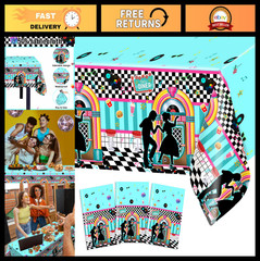 3 Pack 50s Tablecloths – Vintage Rock & Roll Party Decorations, 108×54 Inch