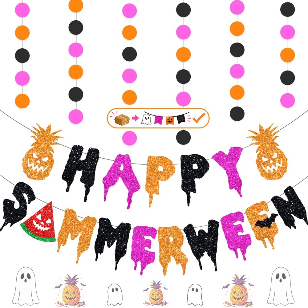 3 PCS Pre-Strung Happy Summerween Banner Set – NO-DIY Glitter Summer Hallowee…