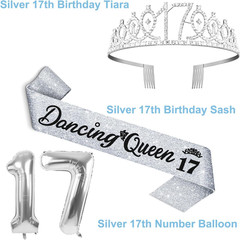 Dancing Queen Party Decorations 17 Silver with Dancing Queen 17 Sash and Tiara,