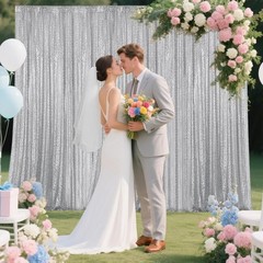 Silver Sequin Backdrop Curtain 2 Pieces 2FTx8FT Glitter Photography Backdrop for