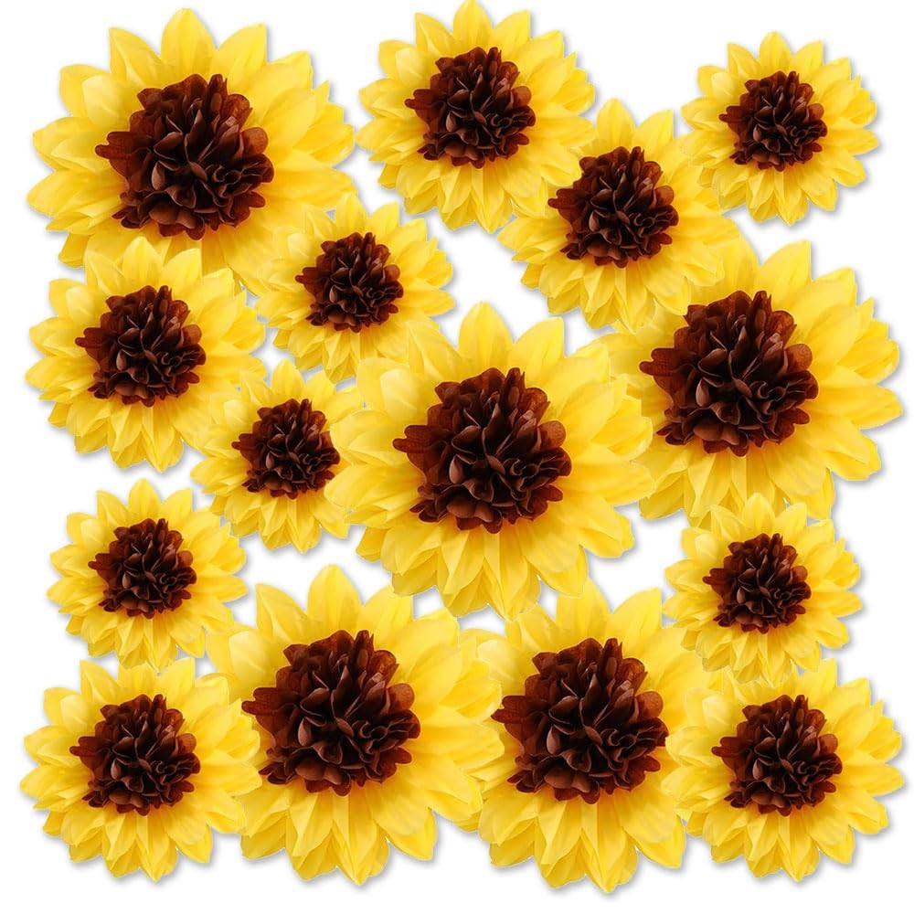 Daisy Tissue Paper Pom Poms, 15 Pack Yellow Flowers Wall Hanging Paper Flower…