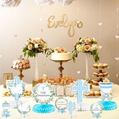 12 Pcs Blue Baptism First Communion Honeycomb Centerpieces Cross Religious