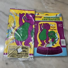 Vintage 1995 Barney Honeycomb Centerpiece 11 X 8 & 1992 Barney Table cover NEW!!
