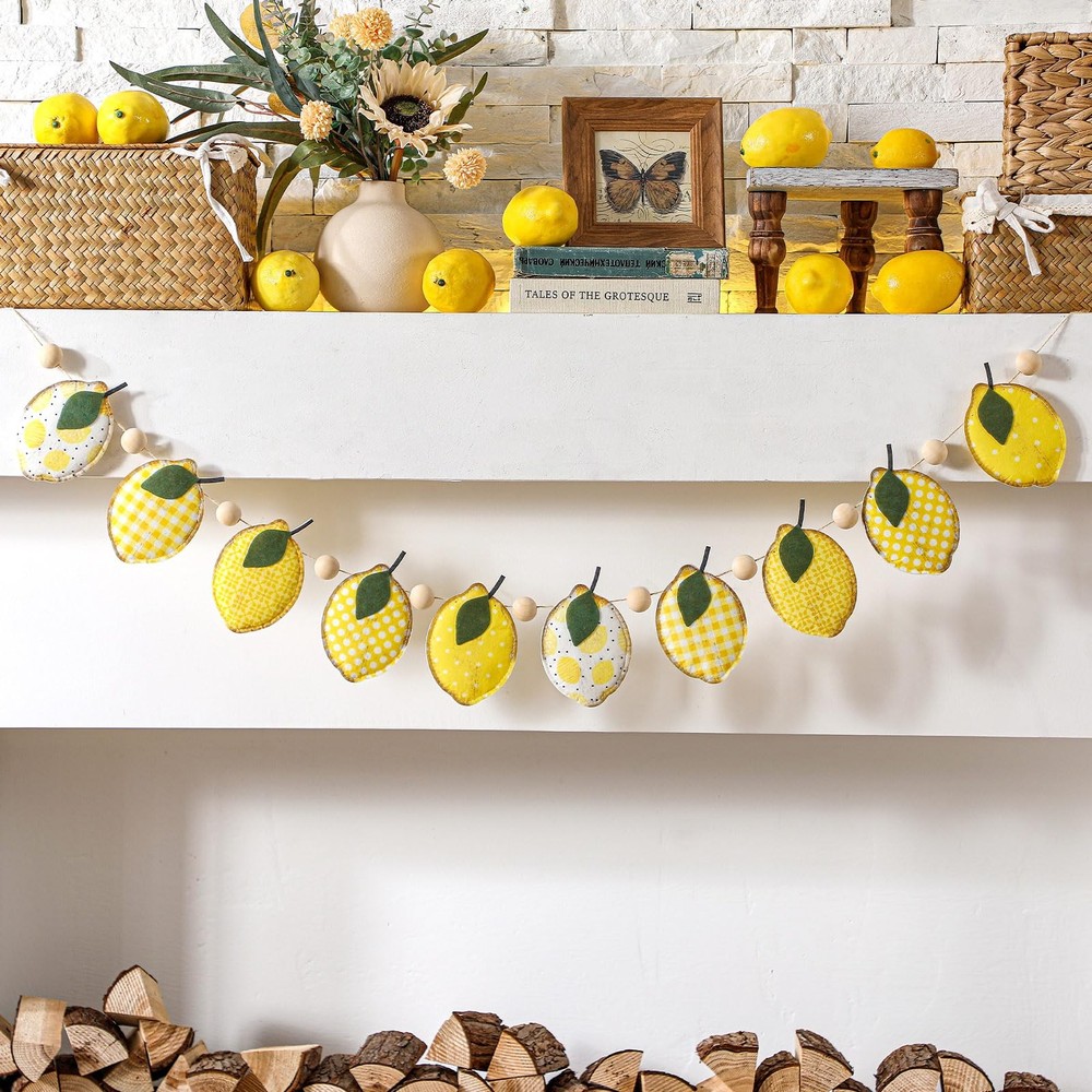 Lemon Felt Banner Garland Decor Vintage 3D Fruit Hanging Garland with Wooden …