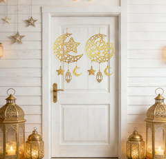 Ramadan Decorations, Eid Mubarak Moon & Star Wooden Hanging Decorations