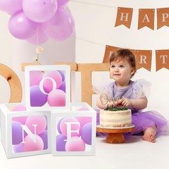 First Birthday Decorations – 3 Pcs One Balloon Boxes for Girl or Boy – Clear …