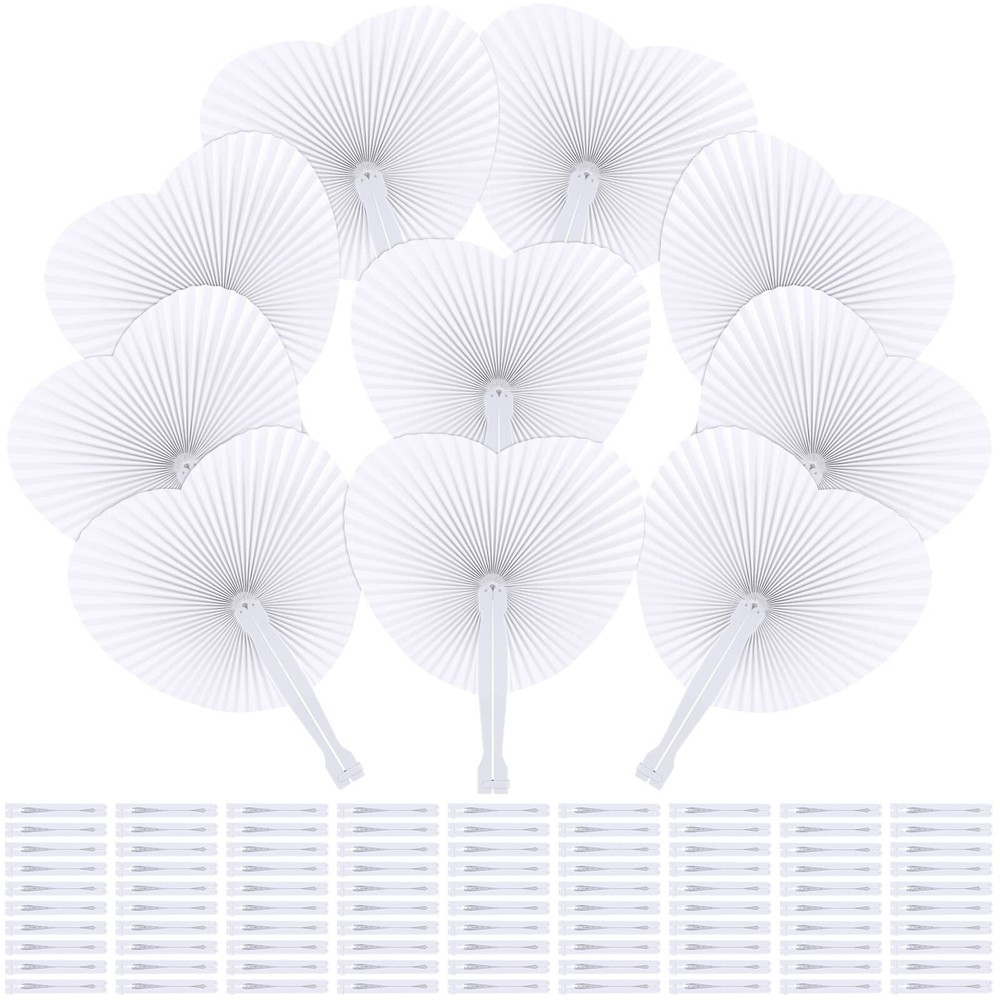 Aodaer 100 Pack Heart Shaped Folding Fans White Paper Fans Handheld Fans with…