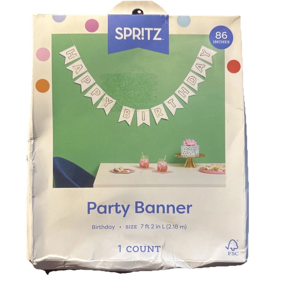Spritz Happy Birthday Party Banner White Gold 86″ New Damaged Box