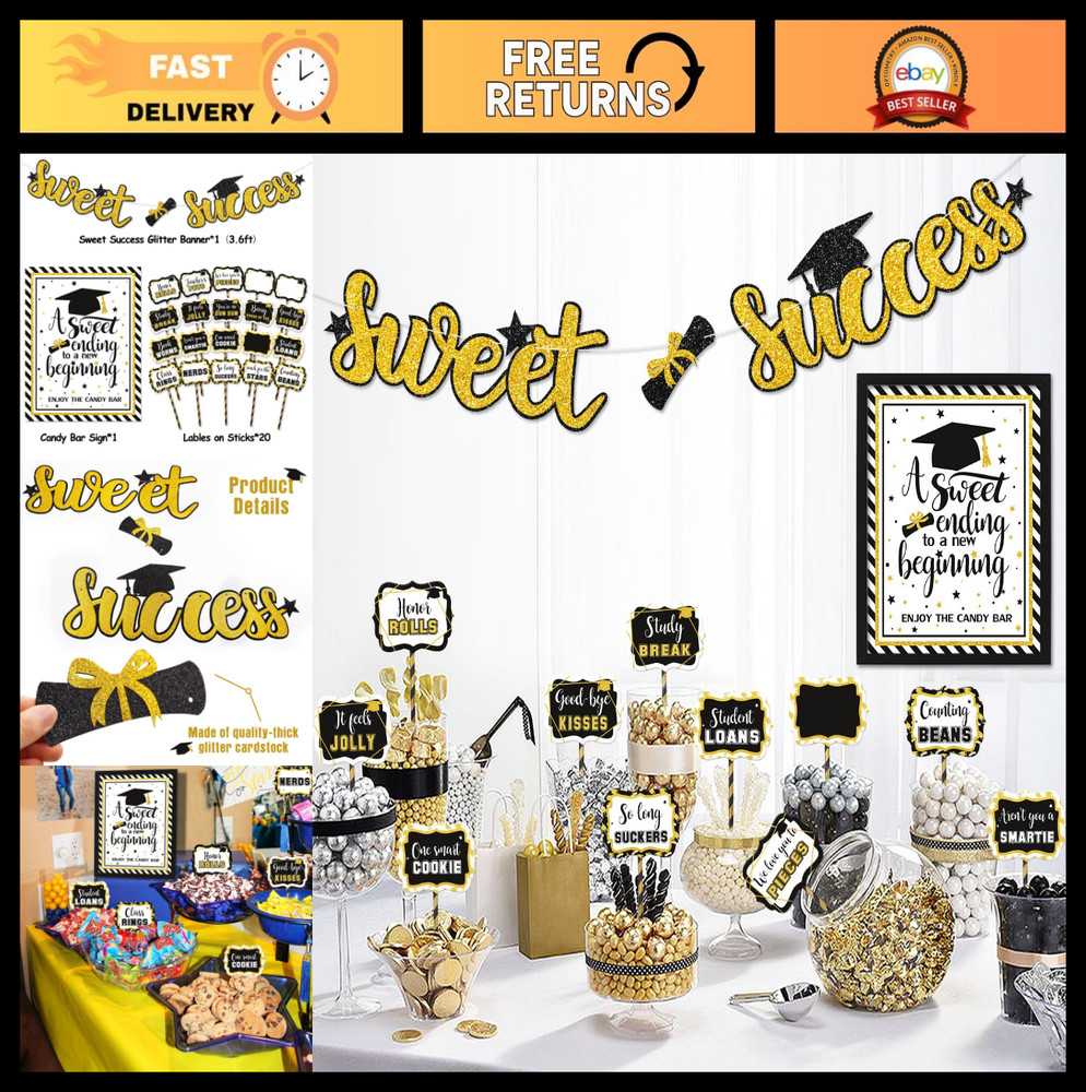 Graduation Candy Bar Labels Set – Black & Gold Dessert Buffet Decor, Sweet Succe