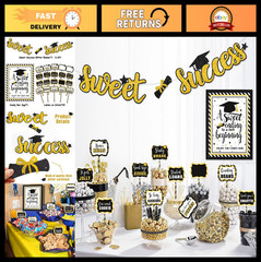 Graduation Candy Bar Labels Set – Black & Gold Dessert Buffet Decor, Sweet Succe