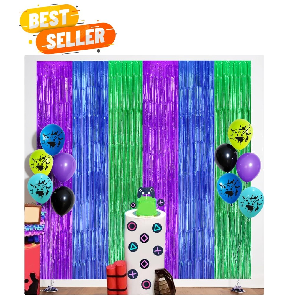 22pcs Video Game Birthday Decorations, Purple Blue Green 3.3×8.2ft Tinsel Foi…
