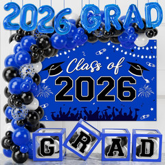 Graduation Decorations 2026, Blue Black Graduation Party Decorations 123Pcs B…
