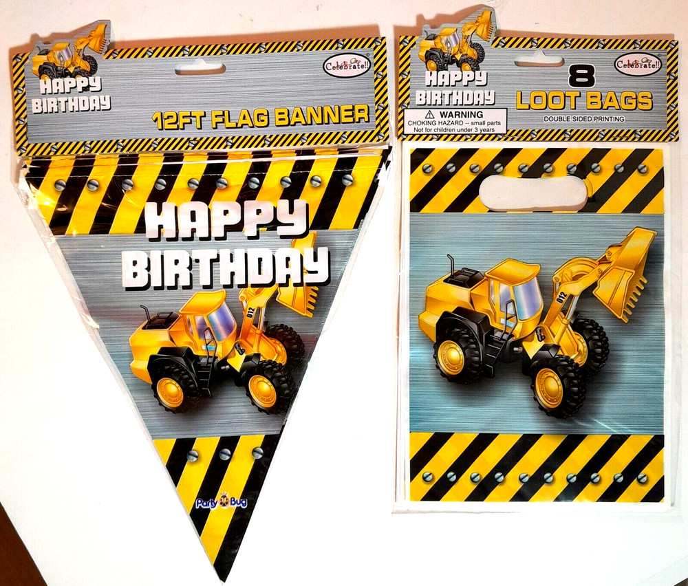 Set of 2 Construction Theme Kids Party Supply Flag Banner + Loot Bags
