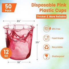 50 Pcs Pink Plastic Cups 12 Oz Disposable Stemless Wine Glasses Cocktail Pink