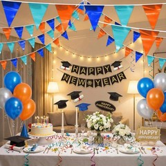 3P Blue LightBlue Orange Party Decorations – Metallic Fabric Triangle Pennant…