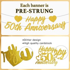 PreStrung Glitter 50th Anniversary Banner Decorations, Happy 50th Wedding Ann…