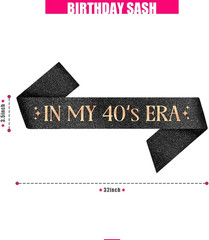 PartyForever in My 40’s Era Sash – Black Glitter Sash with Rose Gold Letters