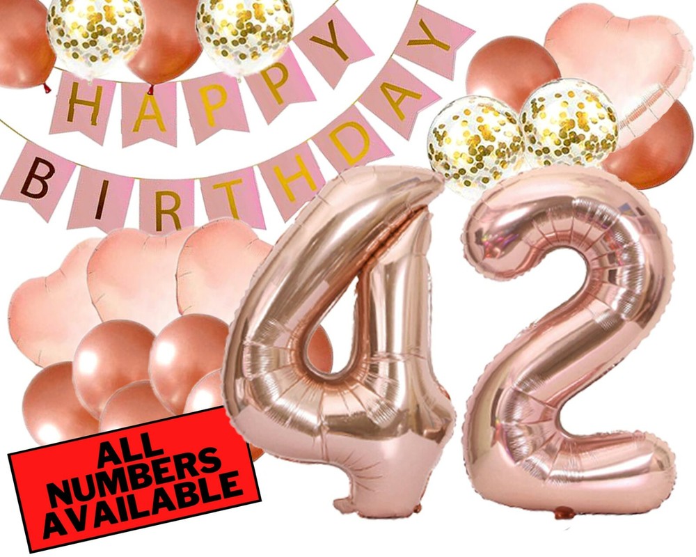 42nd Birthday Decorations For Her – Pink and Rose Gold Theme – Balloons, Banner